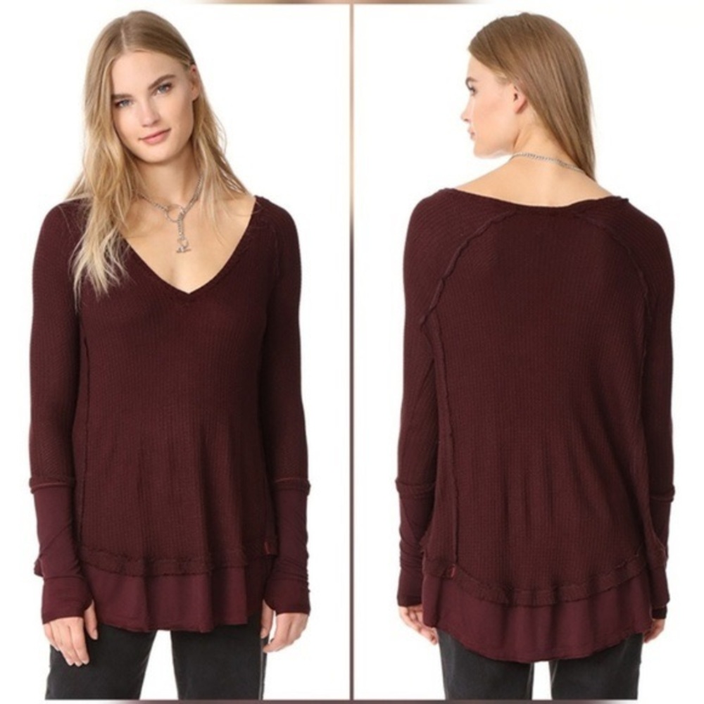 Free People Laguna Waffle L/S Top Burgundy
